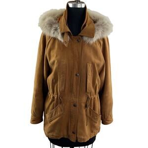 VINTAGE Perfect Tan Leather Zip Button Front Drawcord Waist Jacket Size M ITALY